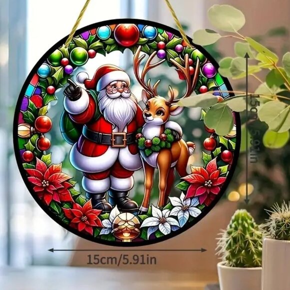 Santa & Reindeer Suncatcher 6" Christmas Holiday Hanging Colorful Indoor Outdoor - Picture 2 of 3